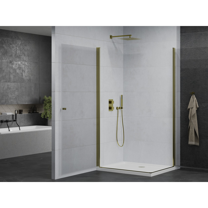 Mexen Pretoria Duo cabine de douche pivotante 80 x 70 cm, transparent, dorée + receveur Flat - 852-080-070-50-02-4010G