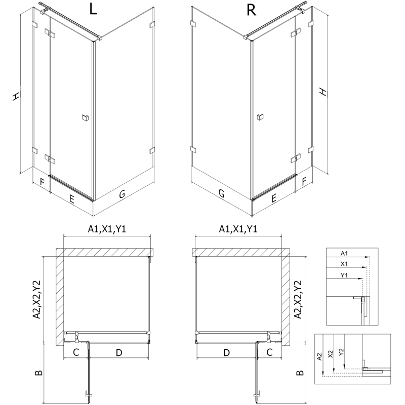 Mexen Lunar T cabine de douche pivotante droite 70 x 90 cm, transparent, métal gun - 834T-070-090-95-00-P