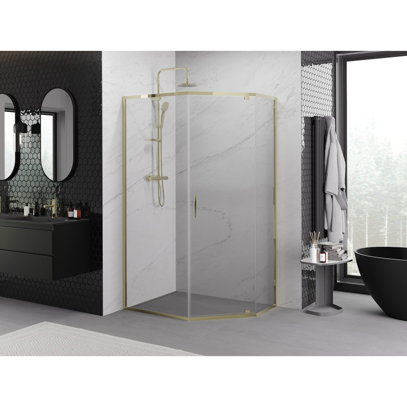 Mexen Exo-R cabine de douche pentagonale pivotante 90 x 80 cm, transparente, dorée - 812-090-080-50-00