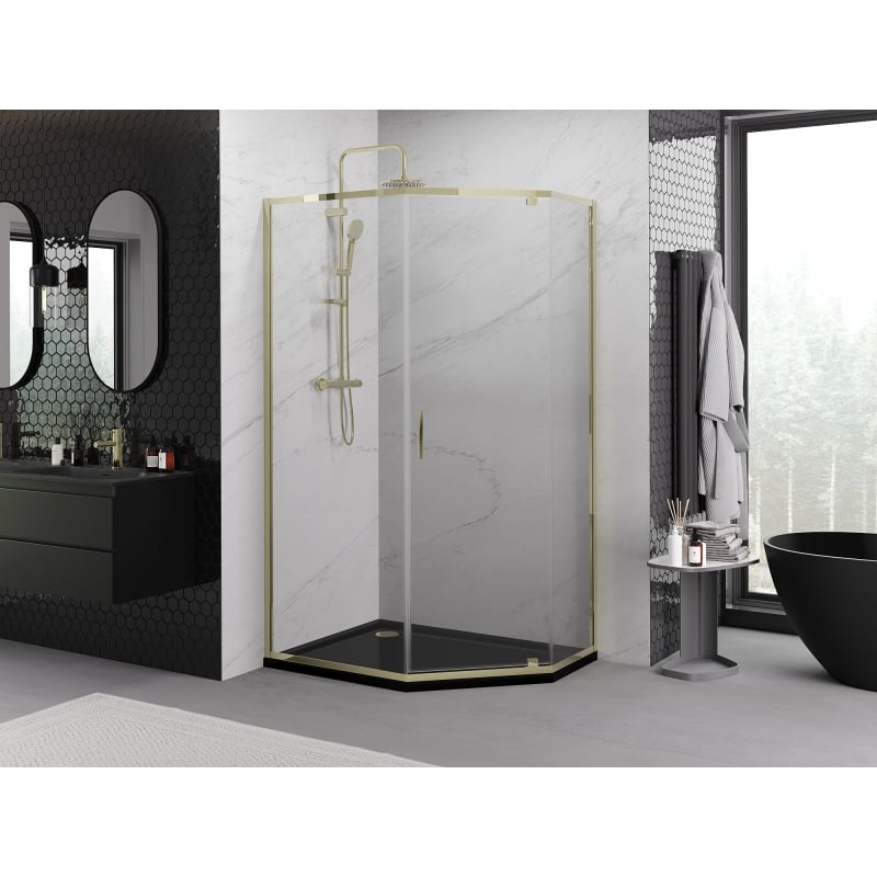 Mexen Exo cabine de douche pentagonale pivotante 90 x 80 cm, transparente, dorée - 812-090-080-50-00