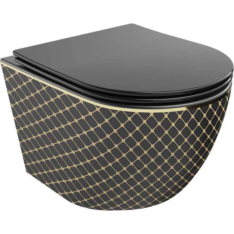 Mexen Lena cuvette WC Rimless avec abattant slow-close slim, duroplast, noir mat/motif grille dorée - 30224079