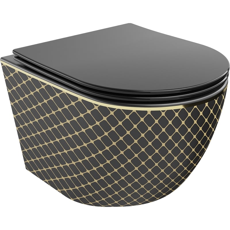 Mexen Lena cuvette WC sans bride avec abattant à descente lente slim, duroplast, noir mat/or motif grille - 30224079