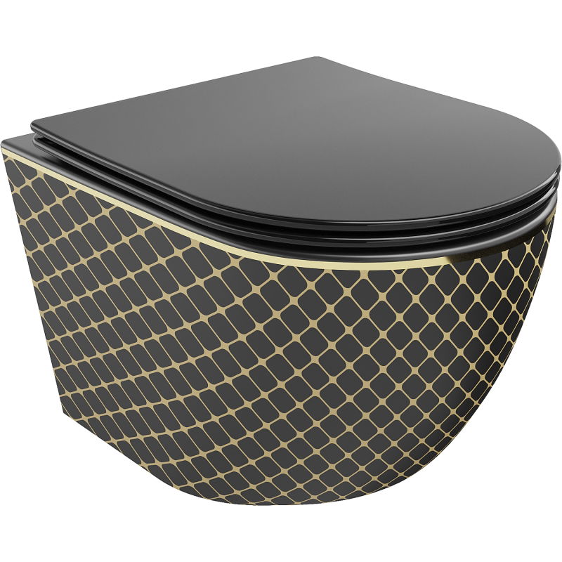 Mexen Lena cuvette WC sans rebord avec siège à descente lente slim, duroplast, noir mat/doré motif grille - 30224079