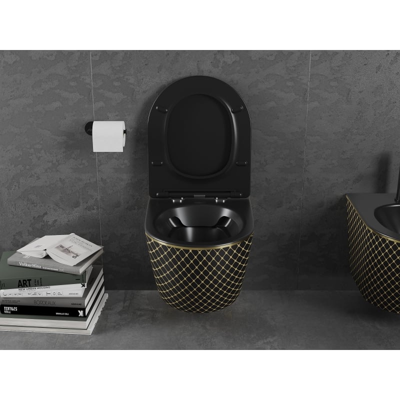 Mexen Lena cuvette WC sans bride avec abattant à descente lente slim, duroplast, noir mat/or motif grille - 30224079
