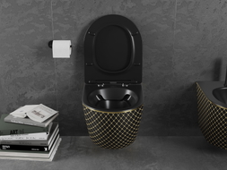 Mexen Lena cuvette WC sans bride avec abattant à descente lente slim, duroplast, noir mat/or motif grille - 30224079