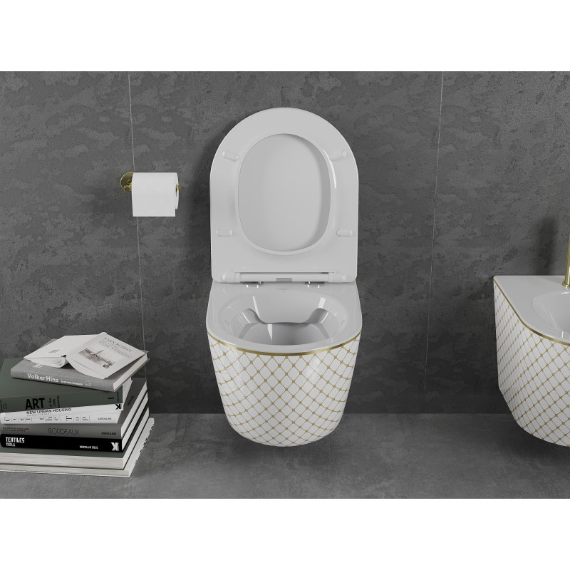 Mexen Lena cuvette WC sans bride avec abattant slim, duroplast, blanc/or motif carreaux - 30224009