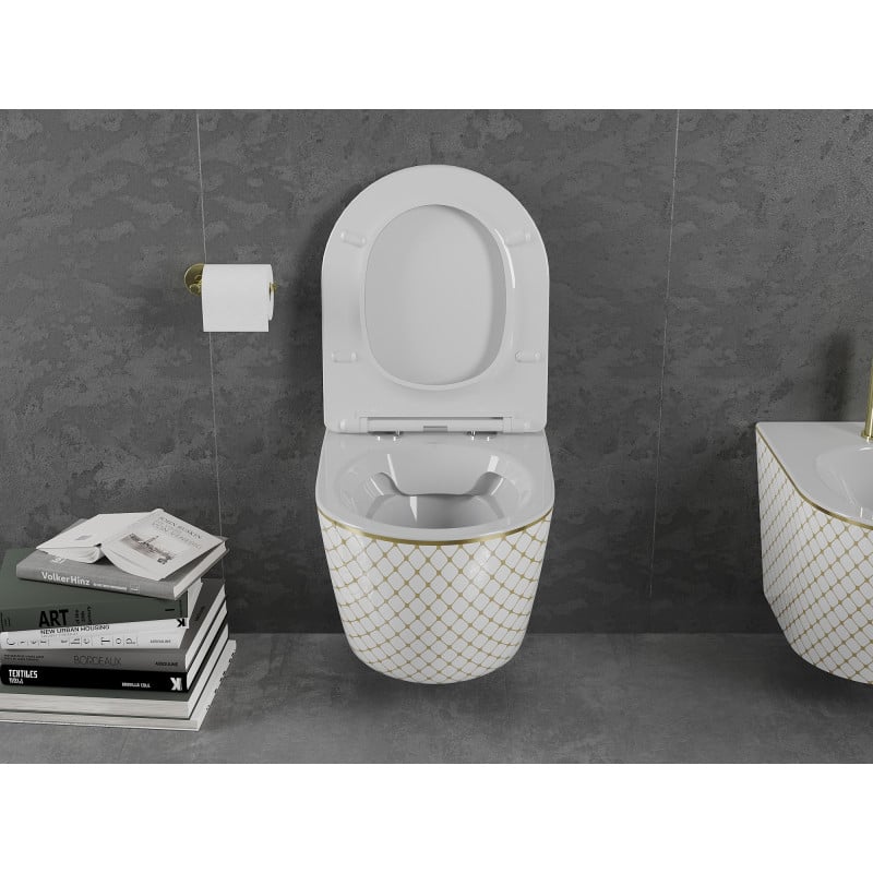 Mexen Lena cuvette WC sans rebord avec abattant à descente amortie slim, duroplast, blanc/or motif grille - 30224009