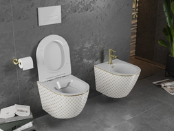 Mexen Lena cuvette WC Rimless avec abattant à fermeture lente slim, duroplast, blanc/or motif carreaux - 30224009
