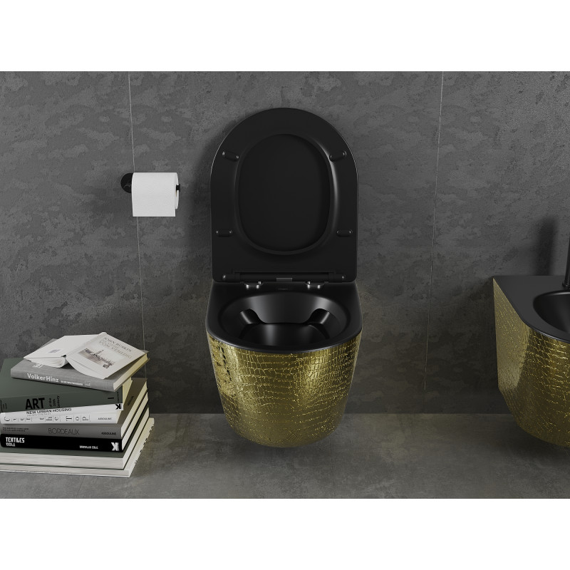 Mexen Lena cuvette WC Rimless avec siège à descente lente slim, duroplast, noir mat/or motif écailles - 30224078