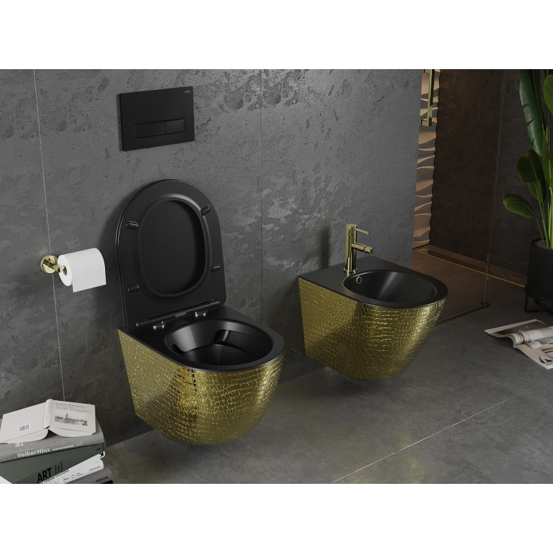Mexen Lena cuvette WC Rimless avec siège à descente lente slim, duroplast, noir mat/or motif écailles - 30224078