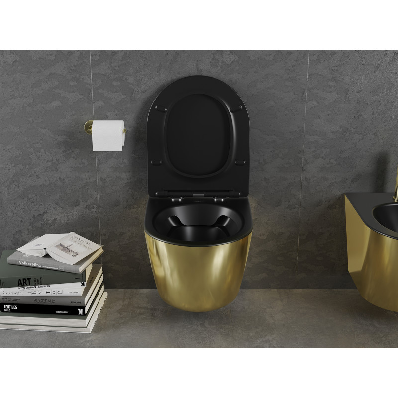 Mexen Lena cuvette WC sans rebord avec abattant slim à descente progressive, duroplast, noir mat/or - 30224076