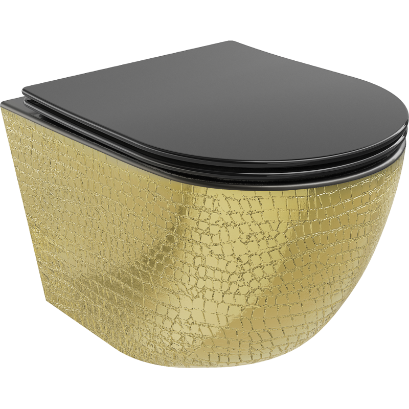 Mexen Lena cuvette WC Rimless avec abattant à descente lente slim, duroplast, noir mat/or motif écailles - 30224078