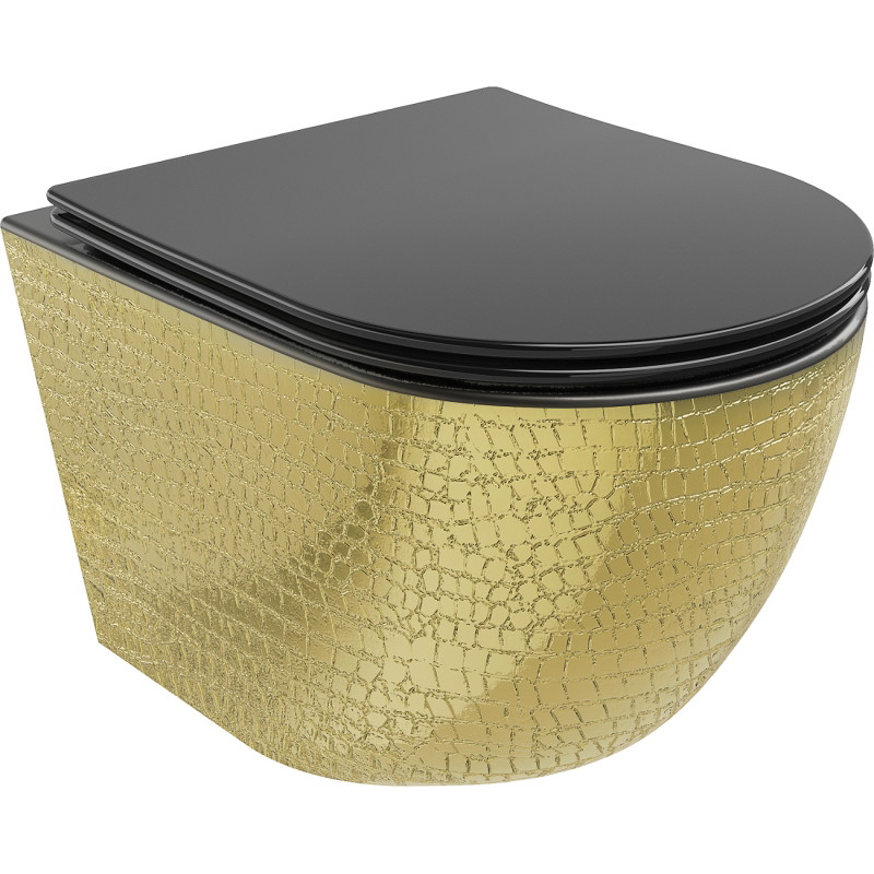 Mexen Lena cuvette WC Rimless avec abattant à descente progressive slim, duroplast, noir mat/motif écailles doré - 30224078