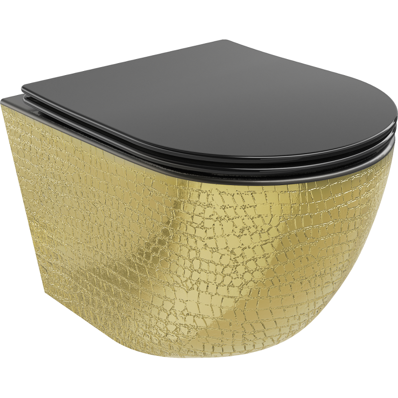 Mexen Lena cuvette WC Rimless avec siège à descente lente slim, duroplast, noir mat/or motif écailles - 30224078