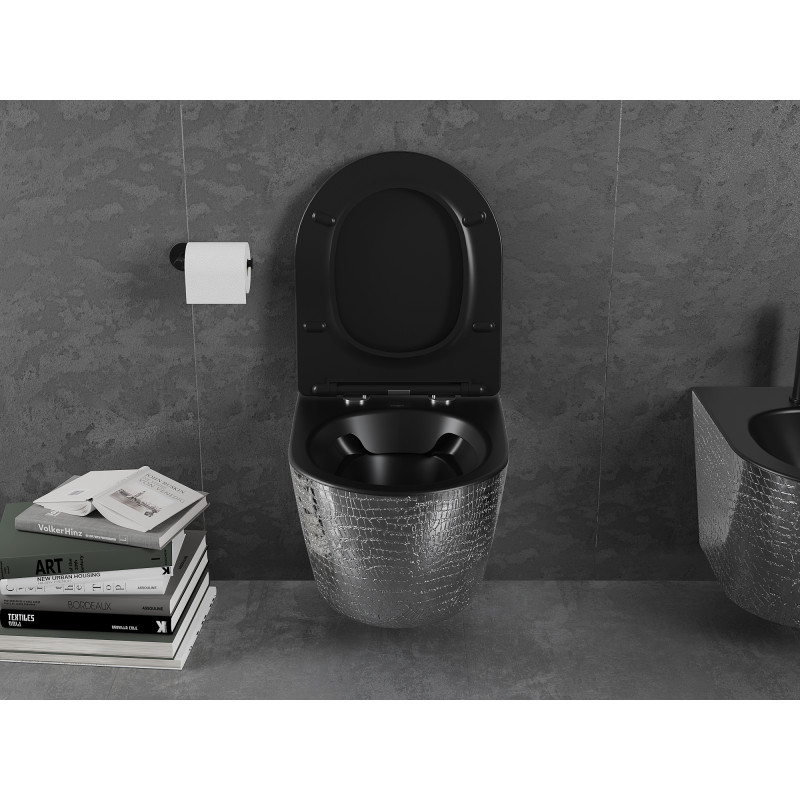 Mexen Lena cuvette WC sans rebord avec abattant à descente lente slim, duroplast, noir mat/argent motif écailles - 30224072
