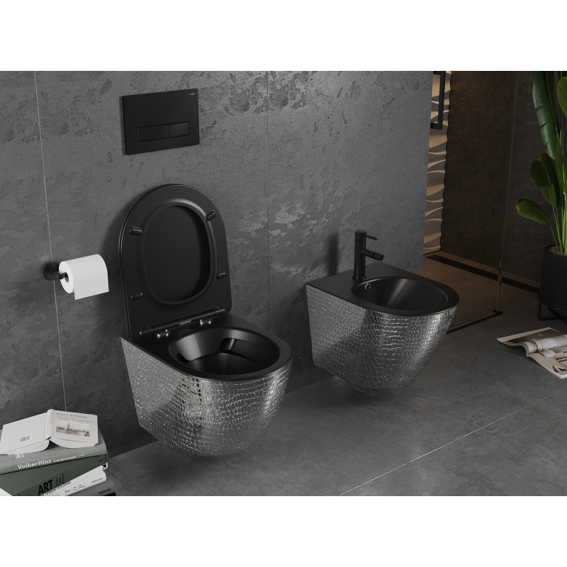Mexen Lena cuvette WC sans rebord avec abattant à descente lente slim, duroplast, noir mat/argent motif écailles - 30224072