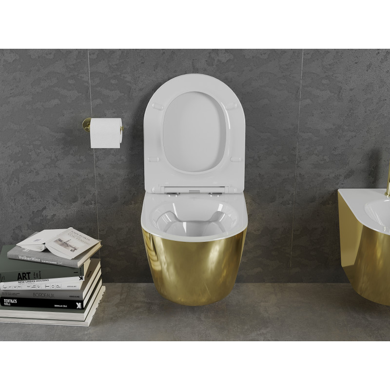 Mexen Lena cuvette WC sans bride avec abattant à descente amortie slim, duroplast, blanc/or - 30224006