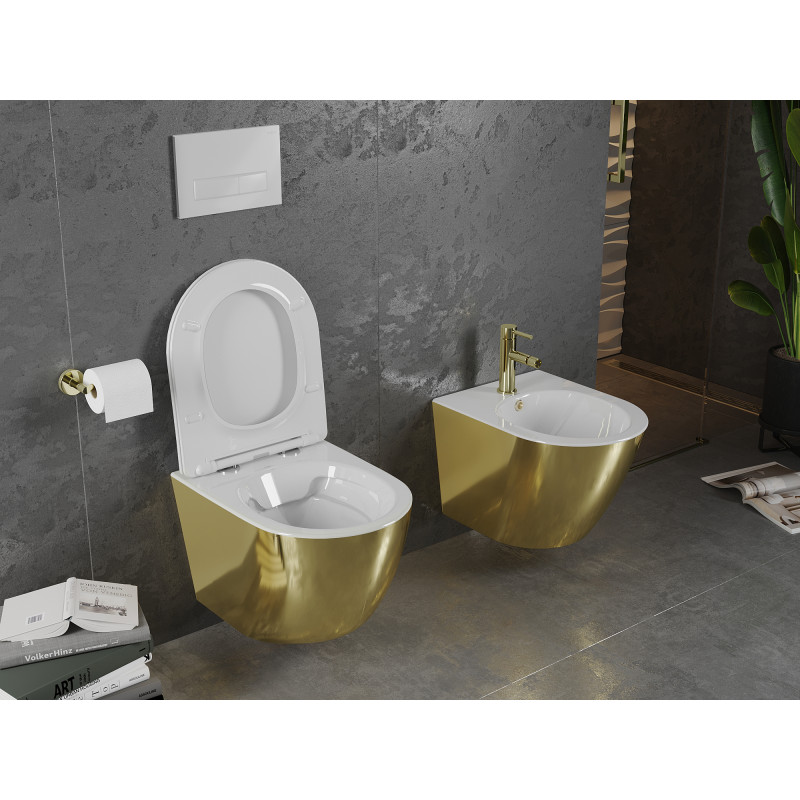 Mexen Lena cuvette WC sans bride avec abattant à descente amortie slim, duroplast, blanc/or - 30224006