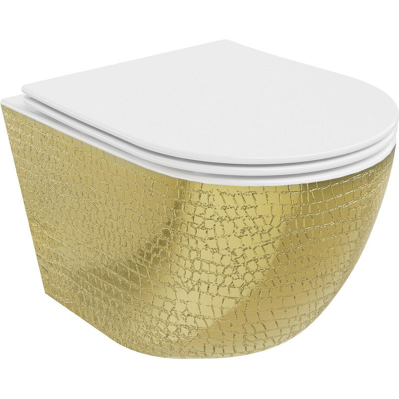 Mexen Lena cuvette WC sans rebord avec abattant à descente lente slim, duroplast, blanc/or motif d'écailles - 30224008