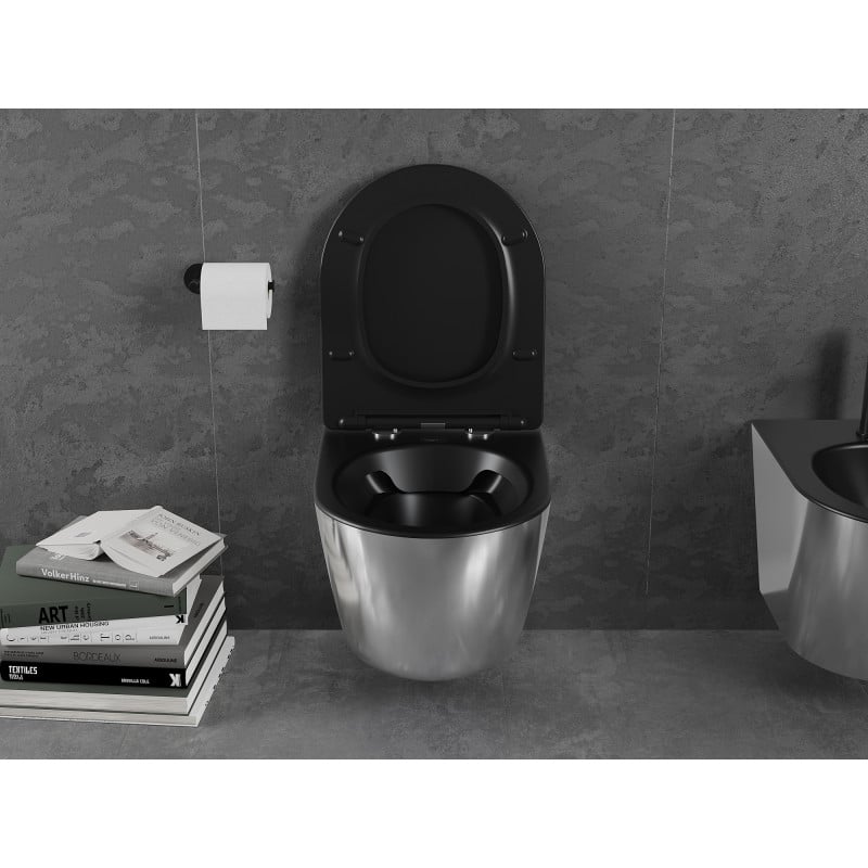 Mexen Lena Cuvette WC sans rebord avec abattant slim à descente progressive, duroplast, noir mat/argenté - 30224074
