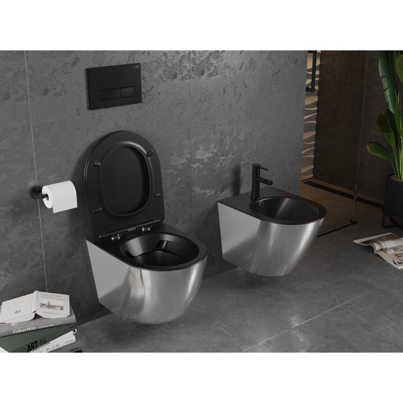 Mexen Lena Cuvette WC sans rebord avec abattant slim à descente progressive, duroplast, noir mat/argenté - 30224074