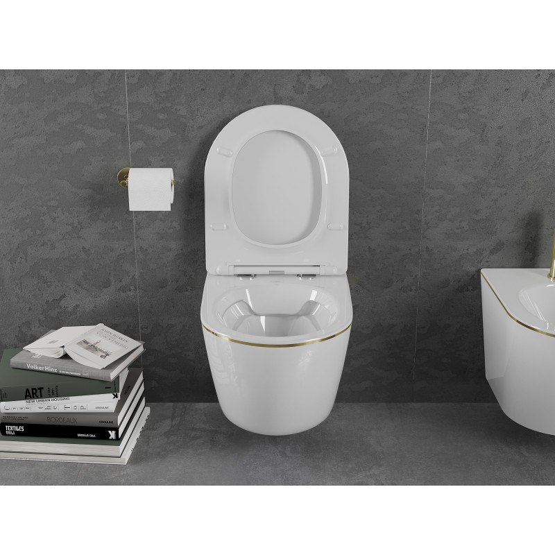 Mexen Lena cuvette WC Rimless avec abattant slim à fermeture lente, duroplast, blanc/ligne dorée - 30224005