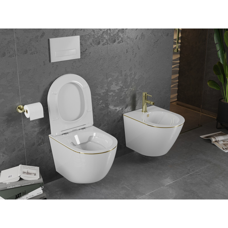 Mexen Lena cuvette WC Rimless avec abattant slim à fermeture lente, duroplast, blanc/ligne dorée - 30224005