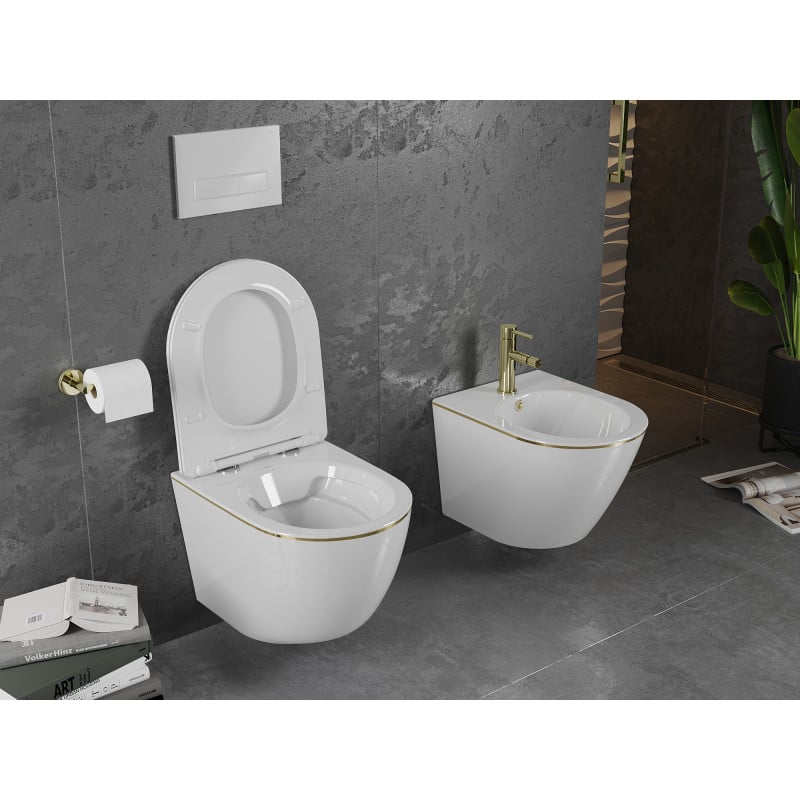 Mexen Lena cuvette WC sans rebord avec abattant à descente lente slim, duroplast, blanc/ligne dorée - 30224005