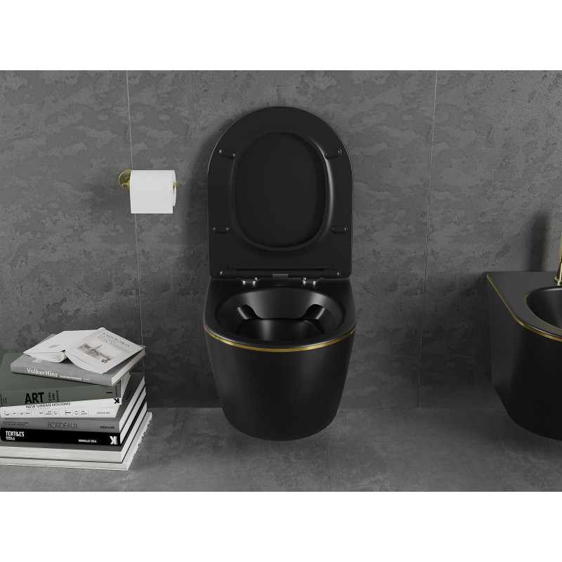 Mexen Lena cuvette WC Rimless avec abattant slim à descente lente, duroplast, noir mat/ligne dorée - 30224075