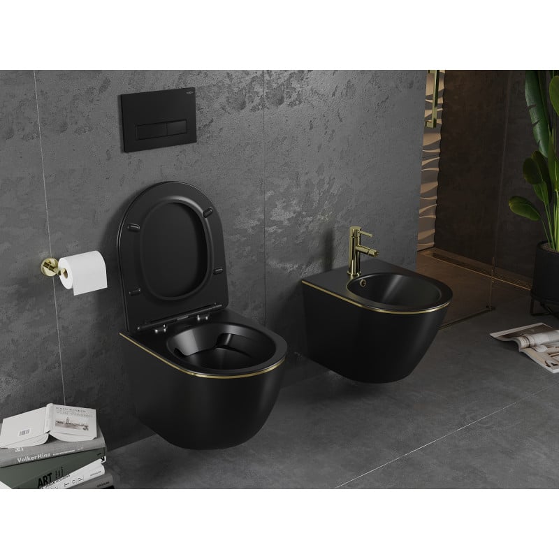 Mexen Lena cuvette WC sans rebord avec abattant à descente lente slim, duroplast, noir mat/ligné or - 30224075