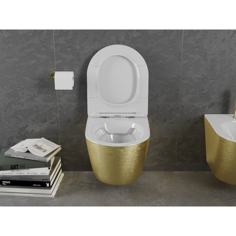 Mexen Lena cuvette WC sans bride avec abattant slim à descente progressive, duroplast, blanc/or motif lignes - 30224007