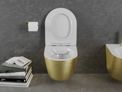 Mexen Lena cuvette WC sans bride avec abattant slim à descente progressive, duroplast, blanc/or motif lignes - 30224007