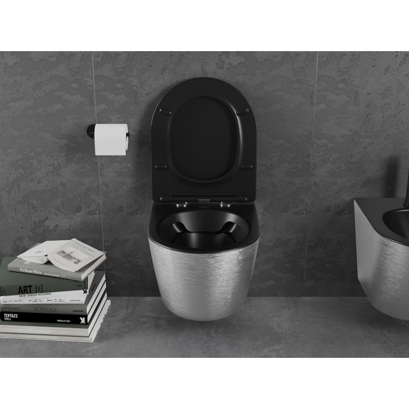 Mexen Lena Cuvette WC sans rebord avec abattant à descente lente slim, duroplast, noir mat/motif argent lignes - 30224073