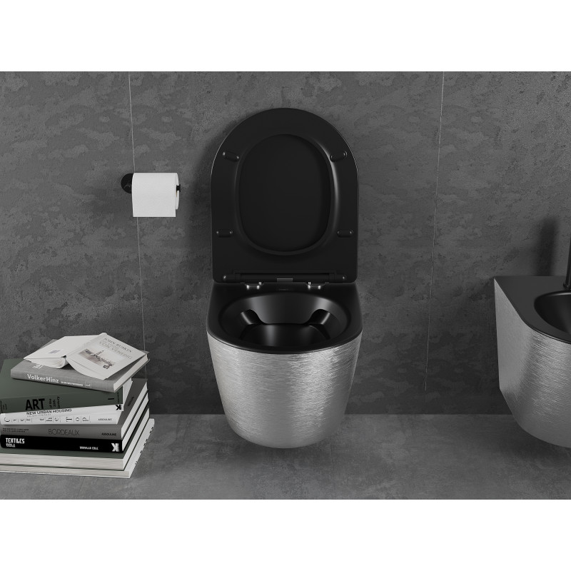 Mexen Lena cuvette WC sans rebord avec abattant à descente lente slim, duroplast, noir mat/motif argenté lignes - 30224073