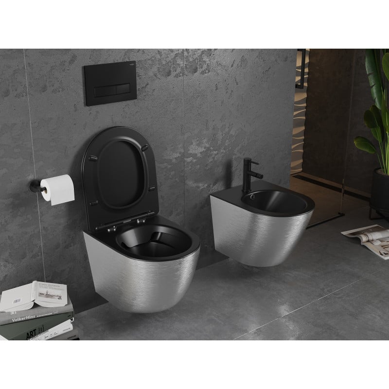 Mexen Lena cuvette WC sans rebord avec abattant à descente lente slim, duroplast, noir mat/motif lignes argent - 30224073