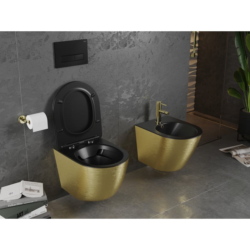 Mexen Lena cuvette wc Rimless avec abattant slim à descente progressive, duroplast, noir mat/motif lignes dorées - 30224077