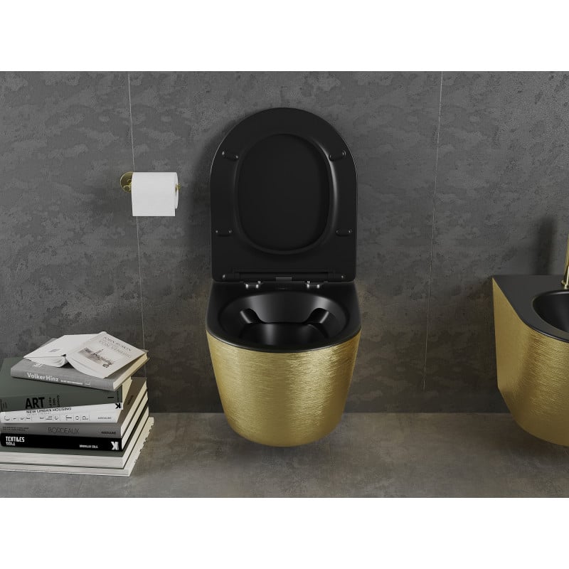 Mexen Lena cuvette wc Rimless avec abattant slim à descente progressive, duroplast, noir mat/motif lignes dorées - 30224077