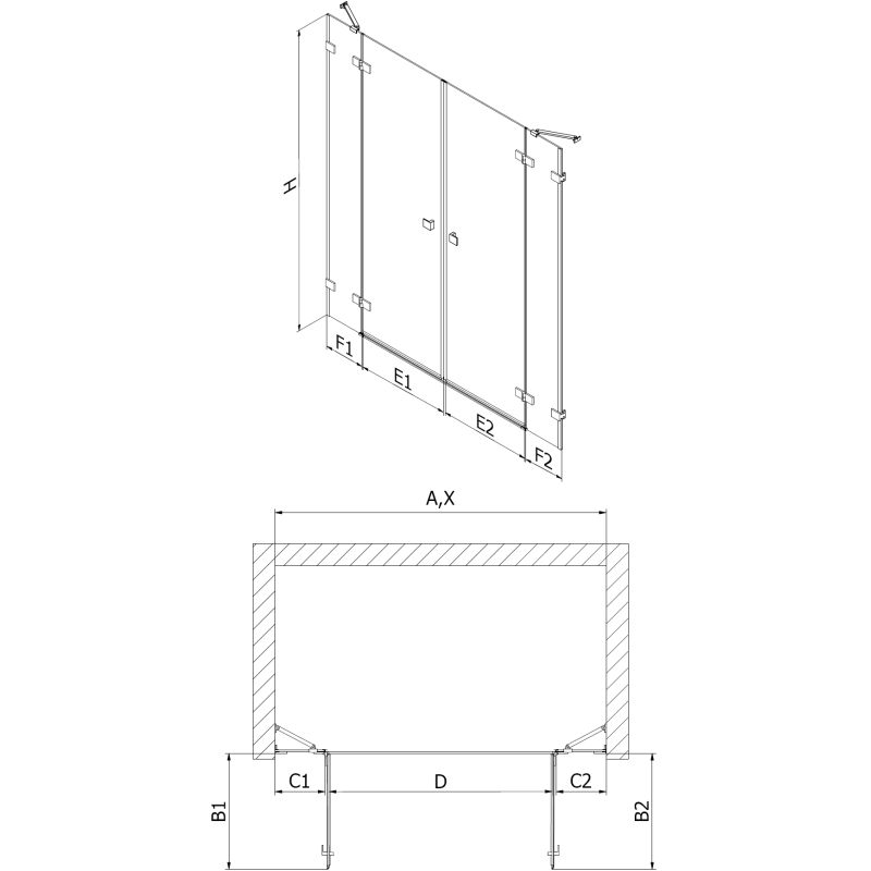 Mexen Lunar Duo porte de douche pivotante 170 cm, transparent, or rose - 834D-170-000-60-00