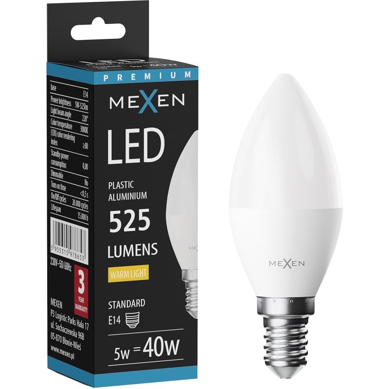 Mexen Nova Ampoule LED E14, C37, 5W, Chaude - 3000K, 525 lm - L102-E14-0530-01
