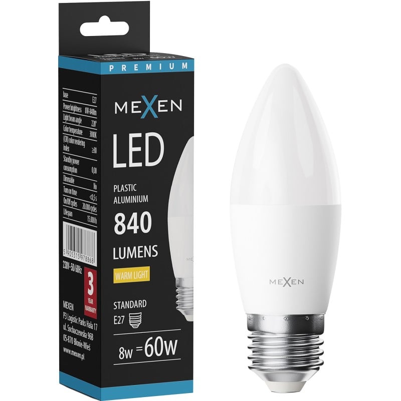 Mexen Nova Ampoule LED E27, C37, 8W, Chaud - 3000K, 840 lm - L102-E27-0830-01
