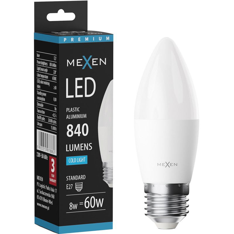 Mexen Nova Ampoule LED E27, C37, 8W, Froid - 6500K, 840 lm - L102-E27-0865-01