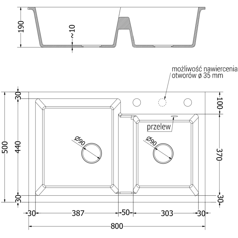 Mexen Tomas évier en granit 2 cuves 800 x 500 mm, blanc, siphon chromé - 6516802000-20