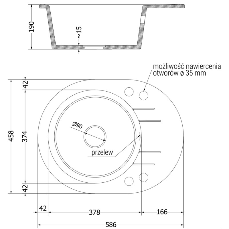 Mexen Kevin évier en granit 1 bac avec égouttoir 586 x 458 mm, noir/métallique argent, siphon chromé - 6517581005-73