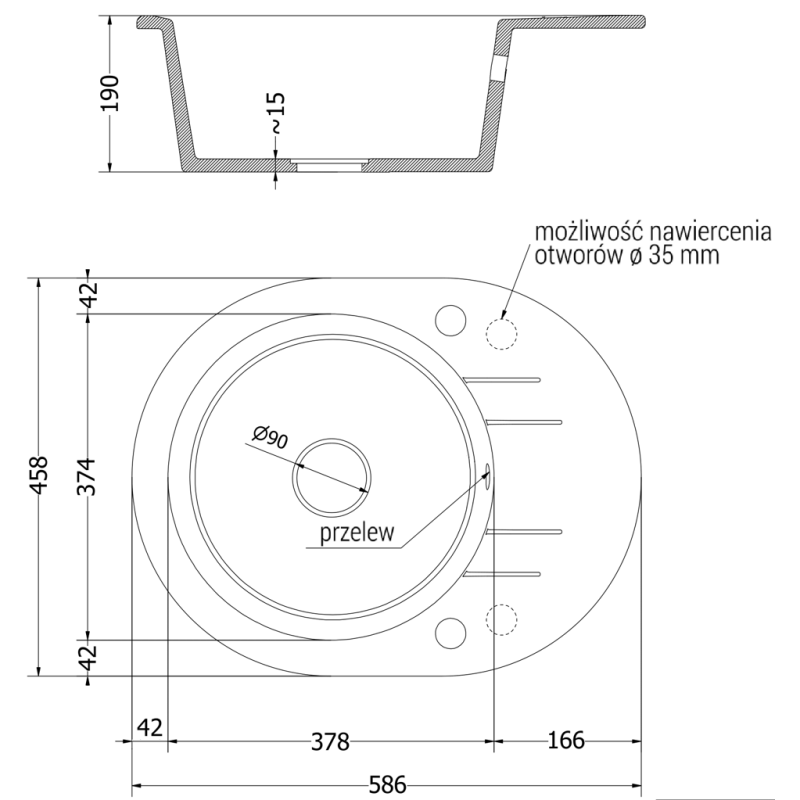 Mexen Kevin évier en granit 1 bac avec égouttoir 586 x 458 mm, noir moucheté, siphon chromé - 6517581005-76