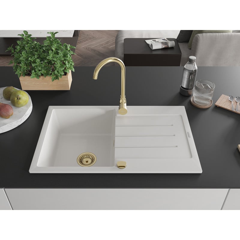 Mexen Bruno évier en granit 1 bac avec égouttoir 795 x 495 mm, blanc, siphon doré - 6513791010-20-G