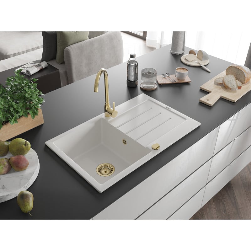 Mexen Bruno évier en granit 1 bac avec égouttoir 795 x 495 mm, blanc, siphon doré - 6513791010-20-G