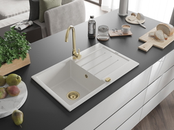 Mexen Bruno évier en granit à 1 cuve avec égouttoir 795 x 495 mm, Blanc, siphon Or - 6513791010-20-G