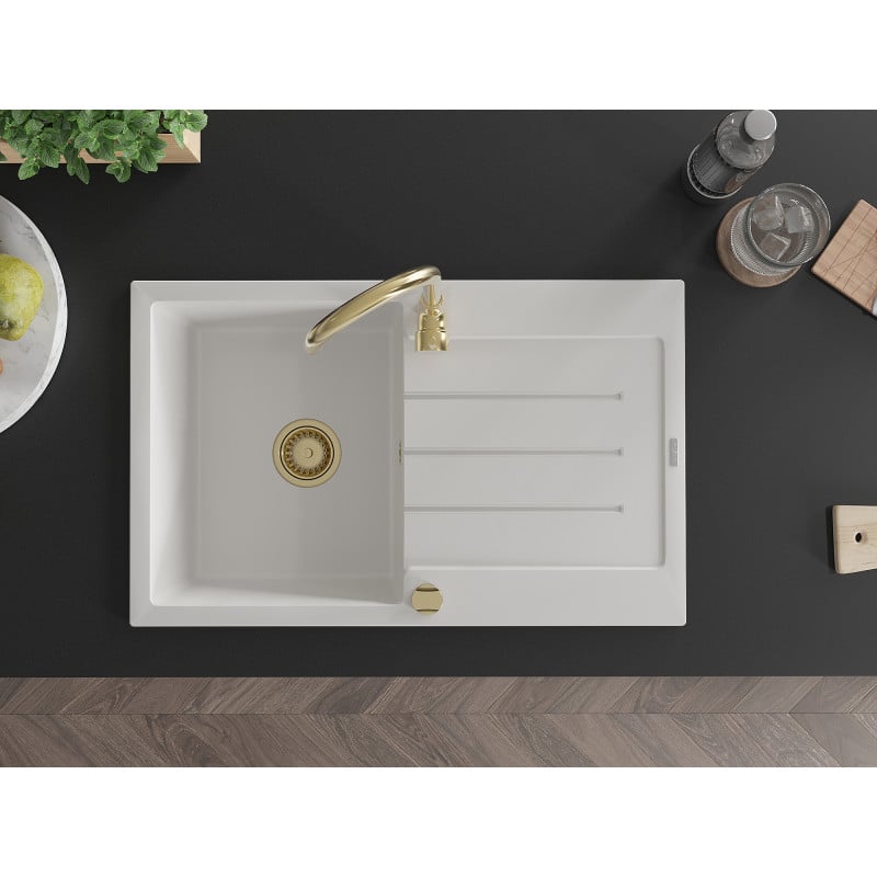Mexen Bruno évier en granit 1 bac avec égouttoir 795 x 495 mm, blanc, siphon doré - 6513791010-20-G