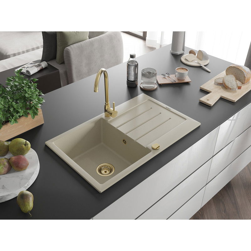Mexen Bruno Évier en granit à 1 bac avec égouttoir 795 x 495 mm, beige, siphon doré - 6513791010-69-G