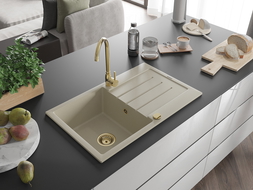 Mexen Bruno Évier en granit à 1 bac avec égouttoir 795 x 495 mm, beige, siphon doré - 6513791010-69-G